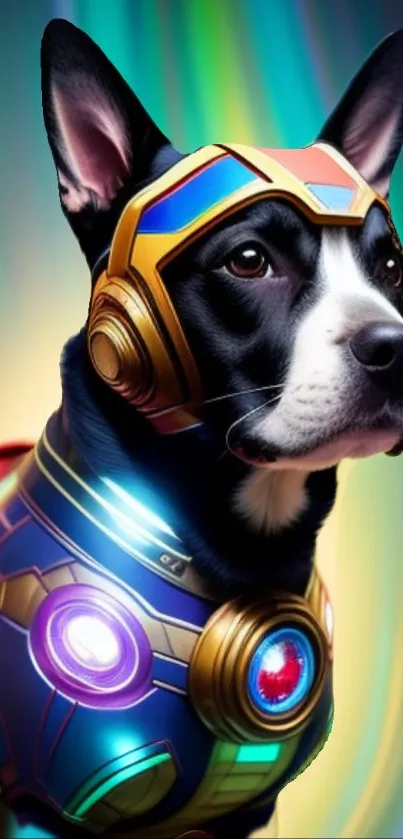 Heroic dog in vibrant futuristic armor with cosmic glow.