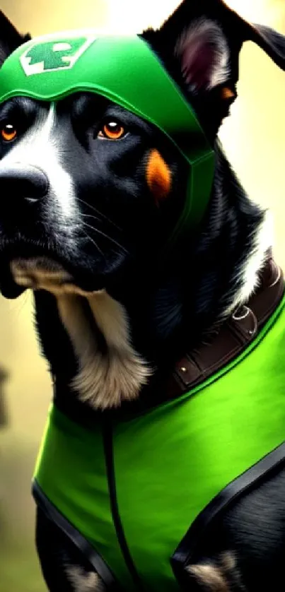 Heroic dog in green superhero outfit on wallpaper