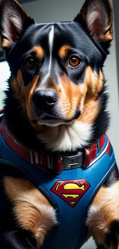 A dog in a superhero suit with bold blue colors.