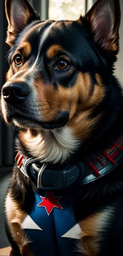 Striking image of a heroic dog in a themed outfit with expressive eyes.