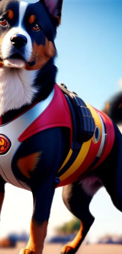 Animated superhero dog with vibrant suit in urban setting.