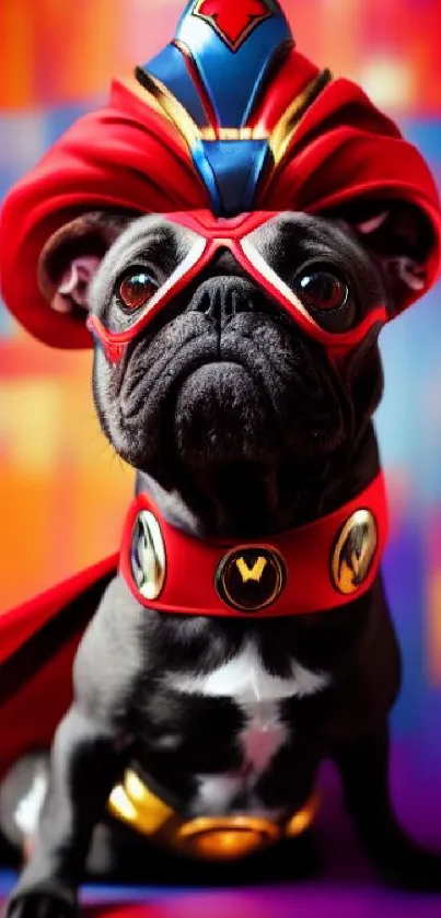 French Bulldog in a vibrant superhero costume on colorful background.