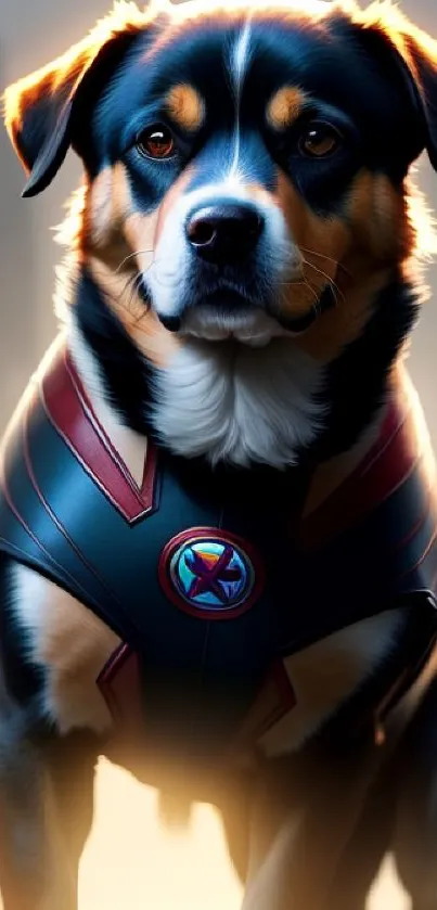 Heroic dog in a superhero costume against a city backdrop.