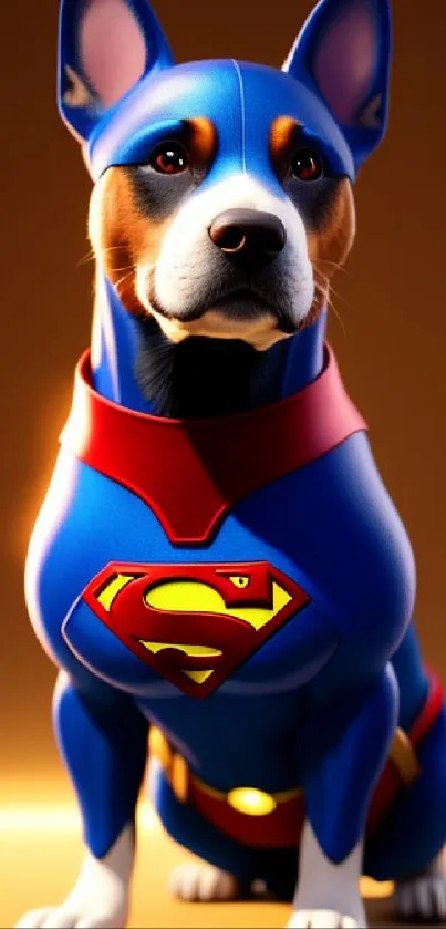 Dog in superhero outfit, vibrant mobile wallpaper.