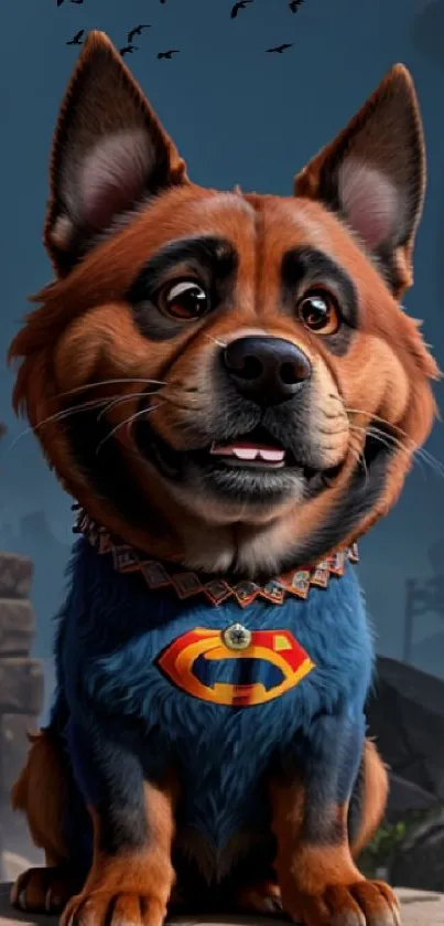 Cute superhero dog in a fantasy setting mobile wallpaper.