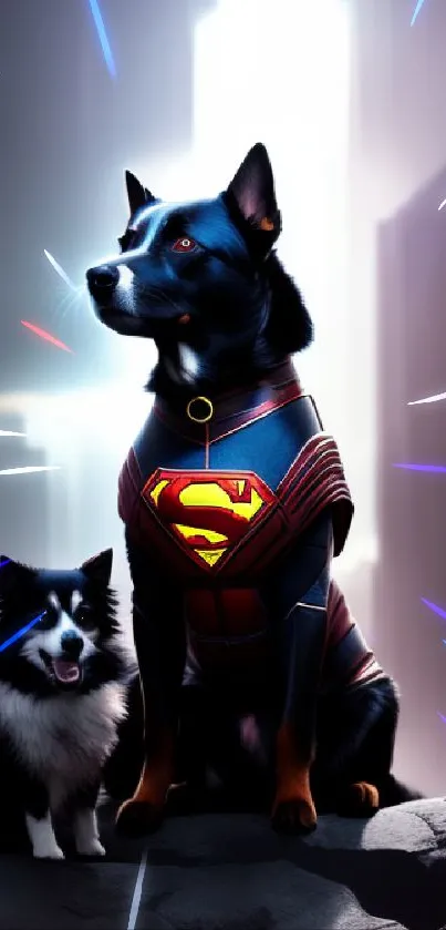 Heroic dogs in a vibrant cityscape.