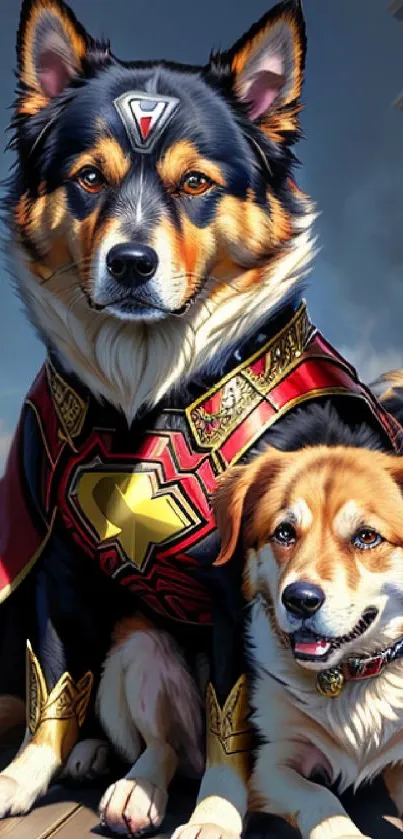 Two dogs in superhero costumes with cityscape backdrop.