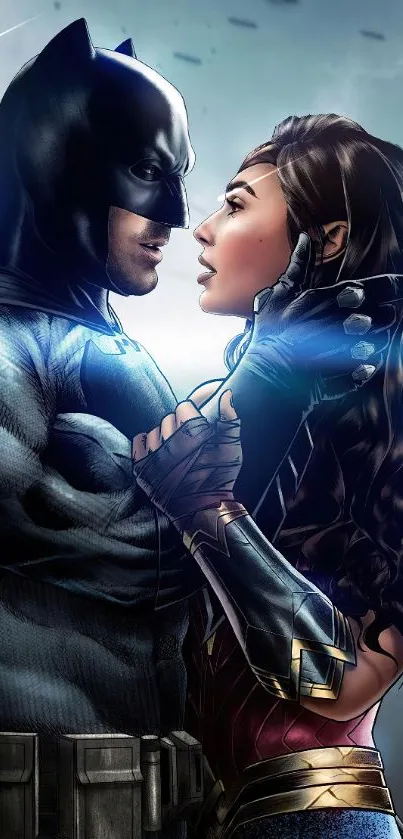 Superhero characters in a dramatic embrace on mobile wallpaper.