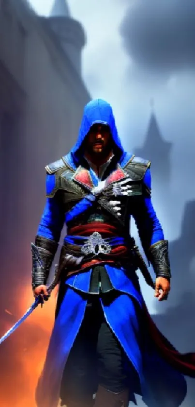 Dynamic fantasy warrior in a blue cloak setting.