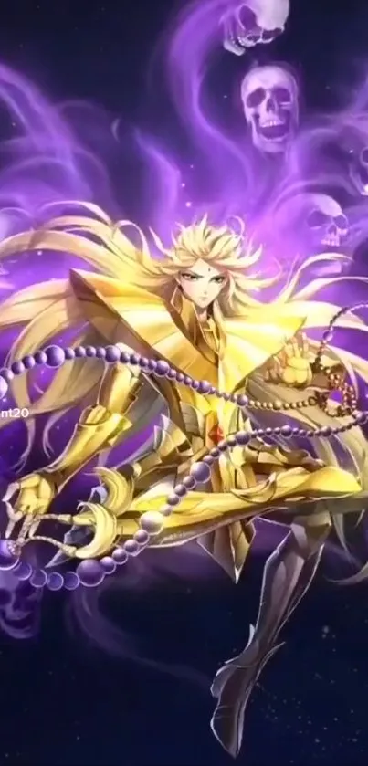 Golden armored anime character with purple energy and skulls.