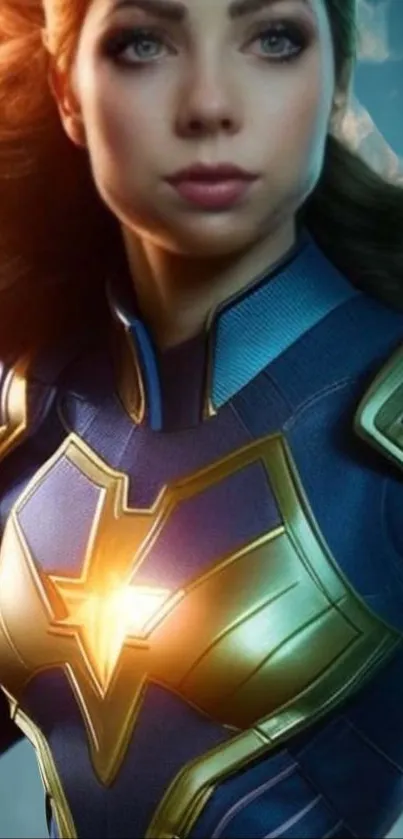 Female superhero in blue and gold armor with flowing hair on a dynamic background.