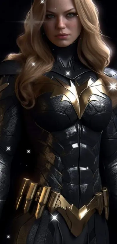 Heroic female warrior in black and gold armor.