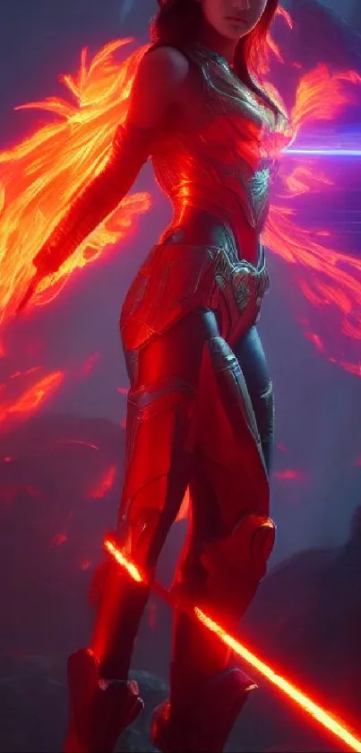 A warrior with fiery red armor and glowing elements in a mystical setting.