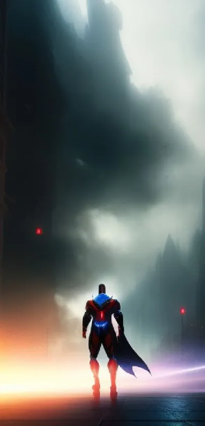 Lone hero in a foggy, futuristic cityscape with vibrant lighting.