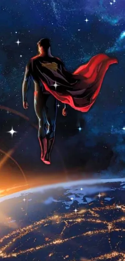 Heroic figure with cape flying over Earth in cosmic space wallpaper.