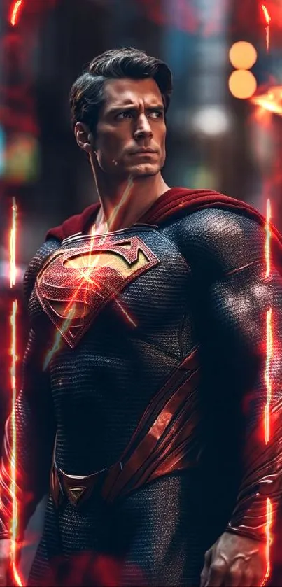 Superhero in detailed costume with a red cape, standing heroically.