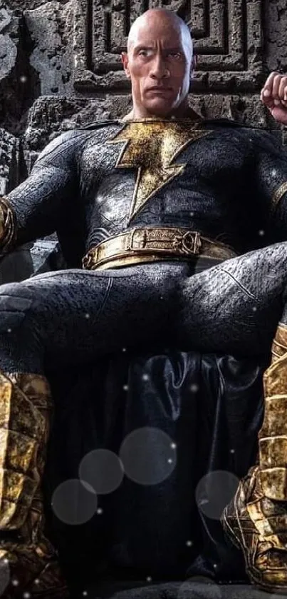 Heroic figure in black and gold suit seated on an intricately designed throne.