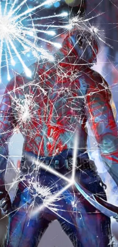 Heroic figure with shattered glass background, red tones.