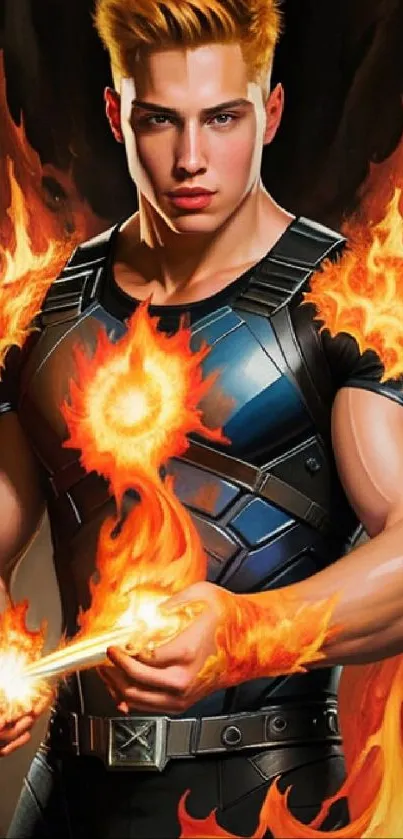 Superhero surrounded by vibrant orange flames in a dynamic pose.