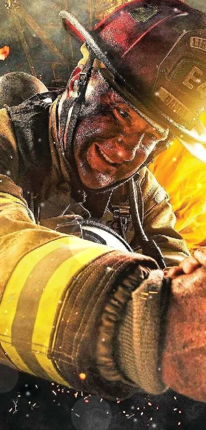 Firefighter in action surrounded by intense flames, embodying courage and strength.