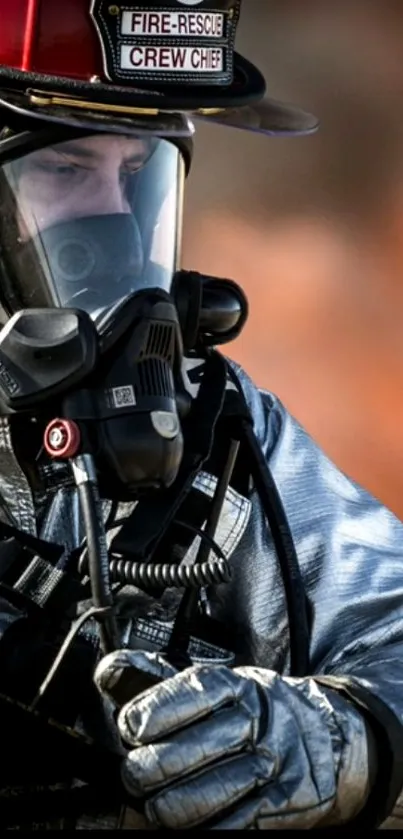 Firefighter in protective gear with helmet and air mask.