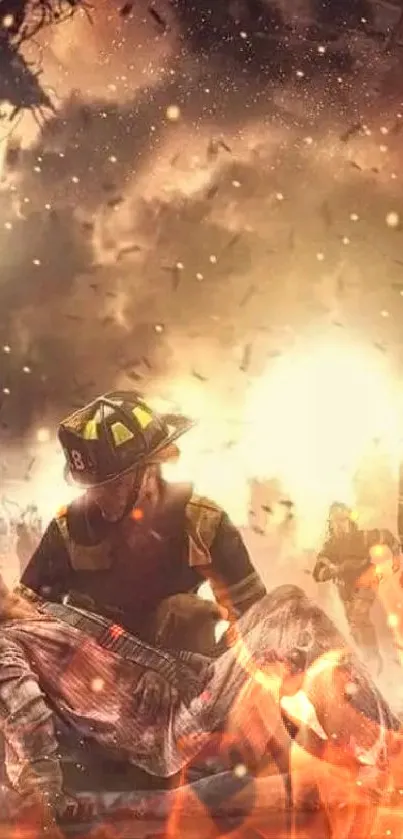 Heroic firefighter rescuing person in a fiery scene.