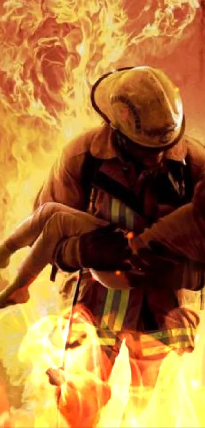 Firefighter carrying child through flames on a dramatic rescue mission.