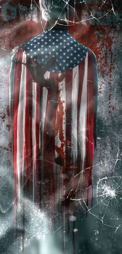 Mysterious figure with American flag backdrop.