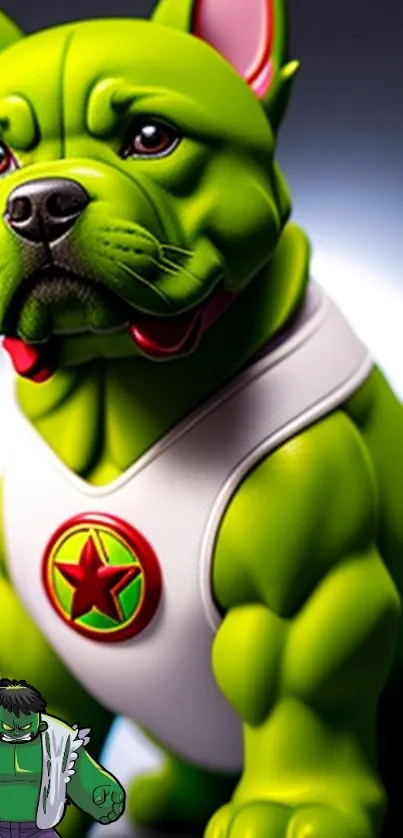 A green cartoon dog with a superhero theme for mobile wallpaper.