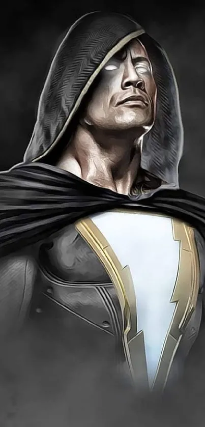 Hooded superhero character in dark misty artwork.