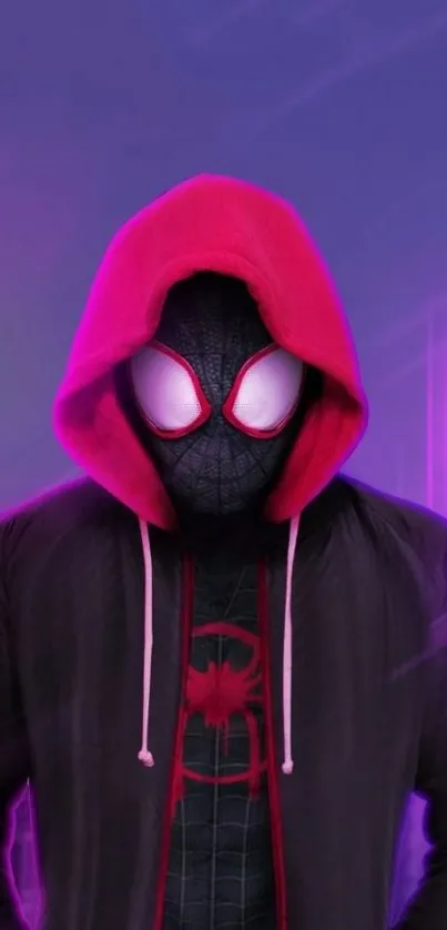 Marvel superhero in hood with purple city backdrop wallpaper.