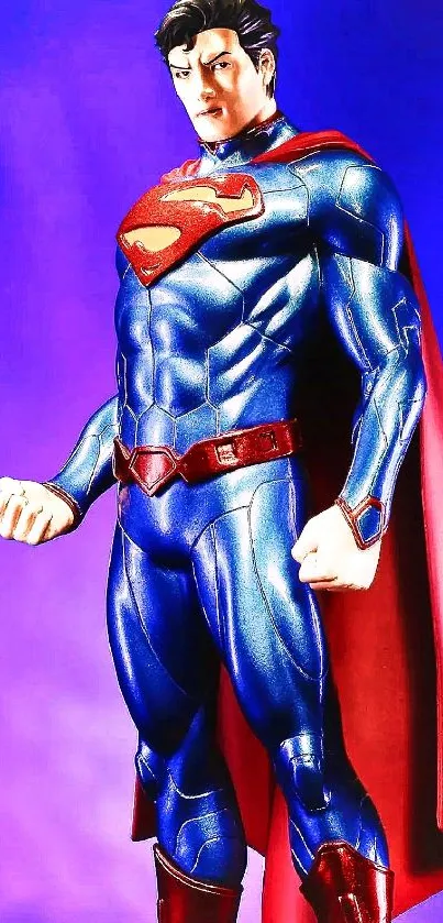 Superhero in blue suit with red cape on vibrant background wallpaper.