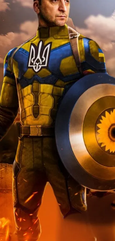 Superhero holding a shield with an intricate yellow and blue design.