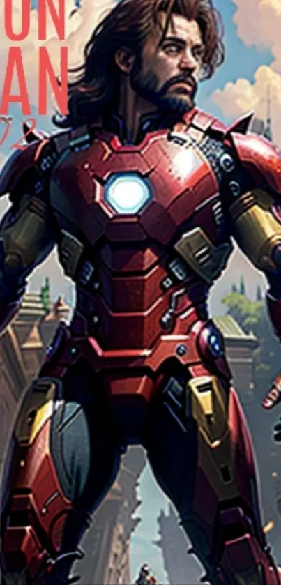 Futuristic superhero in red armor with a cityscape background.