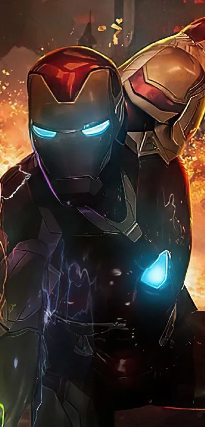 Dynamic iron suit hero wallpaper with vibrant effects and action-packed design.