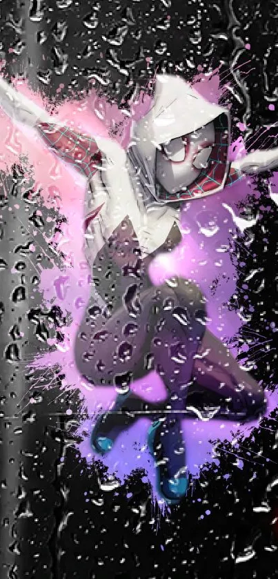 Superhero leaping in rain with vibrant purple splash and mask.