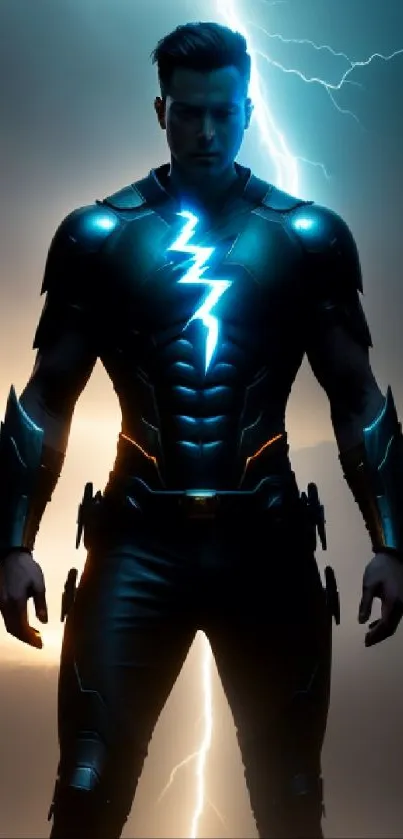 Superhero with lightning in dark blue suit against stormy sky.