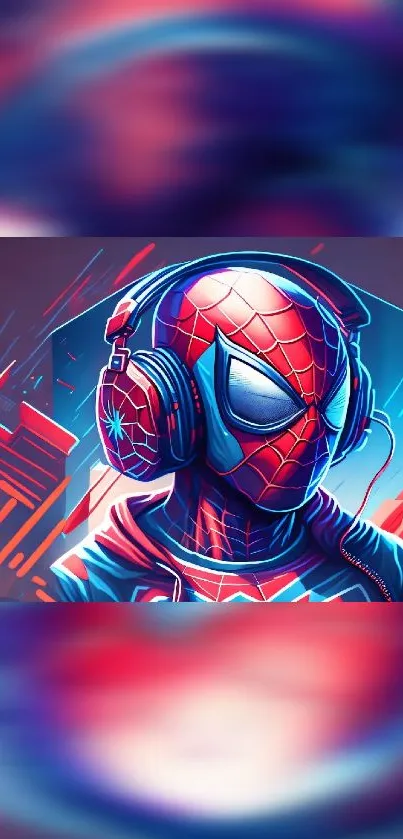 Superhero with headphones vibrant wallpaper, action theme art.