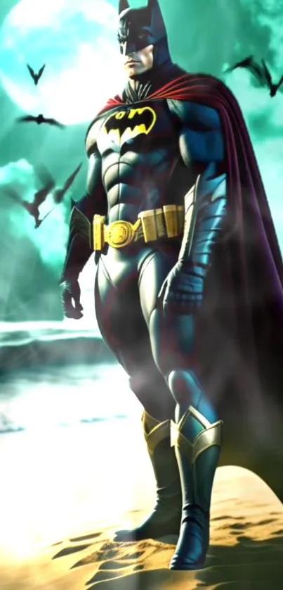 Superhero stands on a moonlit beach with ocean waves and bats flying overhead.