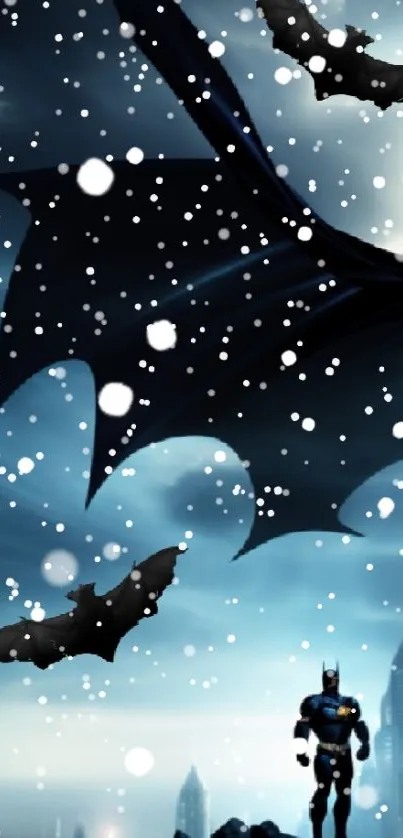 Hero in a cape with bats flying in the city night sky.