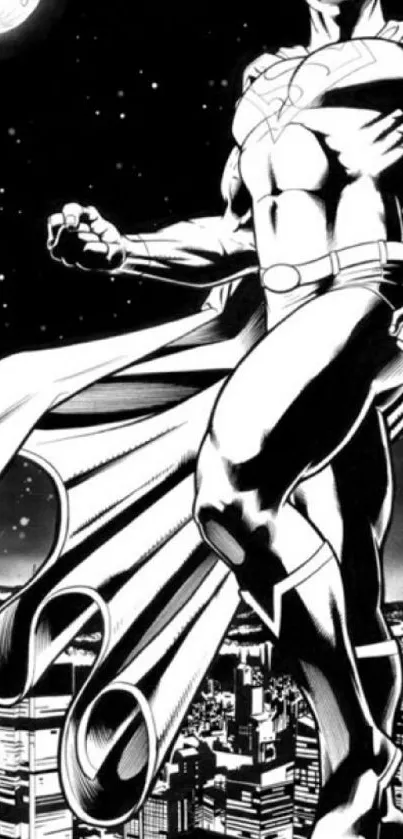 Black and white superhero overlooking a city at night.