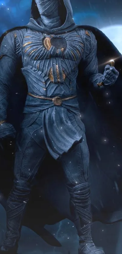 Mysterious hero in blue armor and cape against a night sky background.