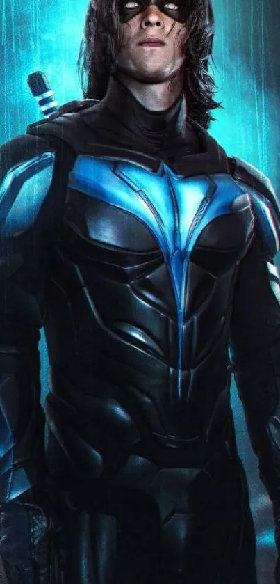 Masked hero in black and blue suit under the rain, exuding mystery and power.