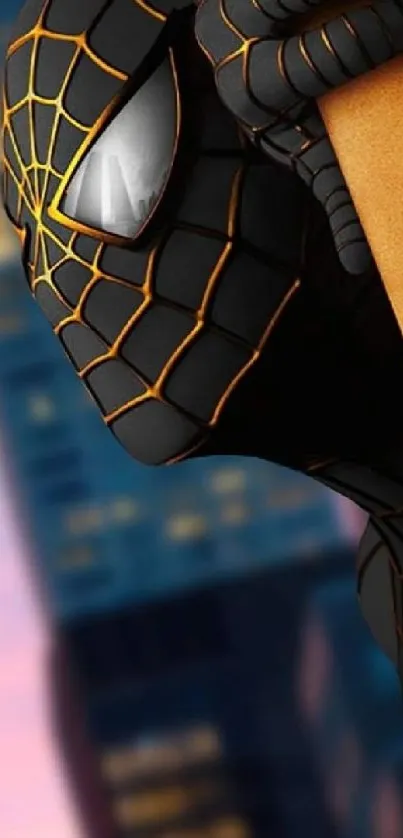 Superhero in black suit on cityscape wallpaper.