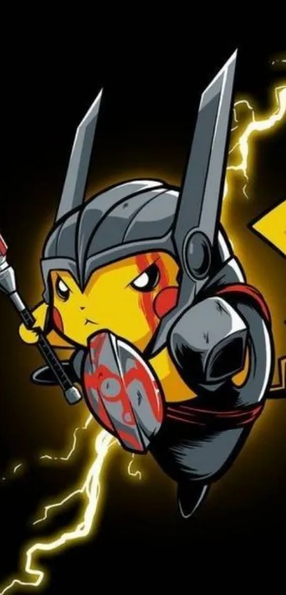 Pikachu wearing armor with lightning on black background.