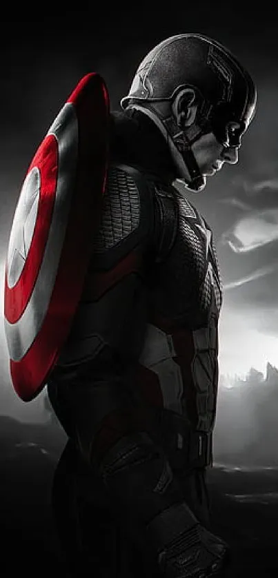 Hero profile with red shield in dramatic shadow.