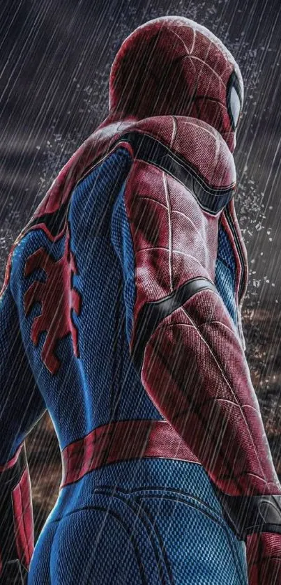 Superhero in rain with dramatic blue and red colors on a stormy background.