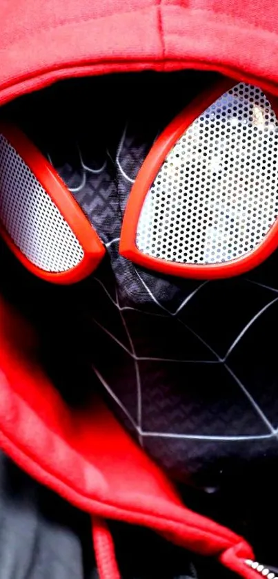 Masked figure with red hood and bold heroic design