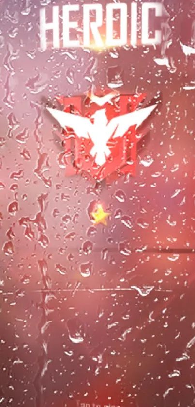 Red wallpaper with heroic emblem and water droplets effect.