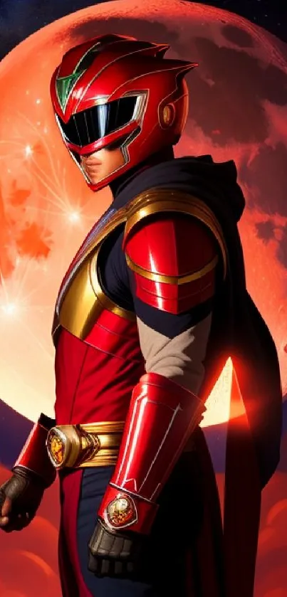 Superhero in front of vibrant red moon, cosmic theme wallpaper.